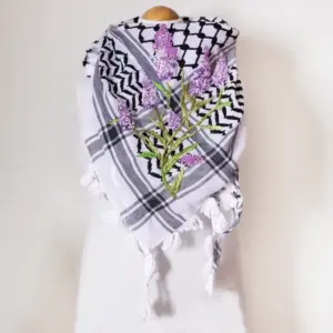 Lavender Flower Embroidered Keffiyeh Scarf with Brazilian Embroidery
