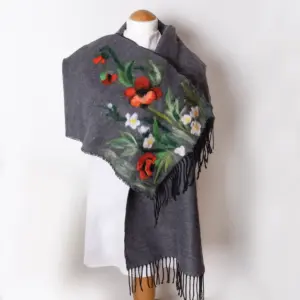 Charcoal Floral Felted Shawl with Wool-Felting Technique