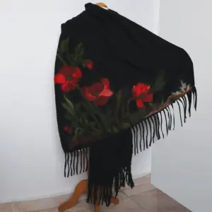 Black Red Poppy Felted Shawl with Wool-Felting Technique