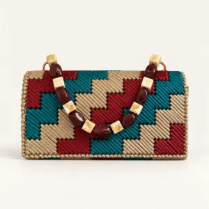 Burgundy Teal and Beige Geometric Handbag with Beaded Handle