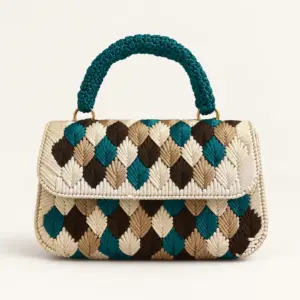 Brown Teal and Beige Wheat-Stitch Handbag with Crochet Handle
