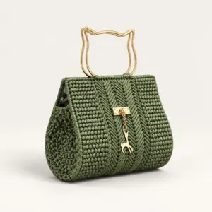 Olive Green Crochet Handbag with Gold Cat-Shaped Handle