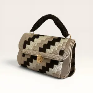 Beige and Brown Geometric Crochet Handbag with Flap