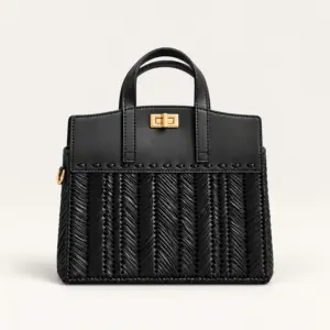 Black Hand-Embroidered Handbag with Gold Buckle and Strap