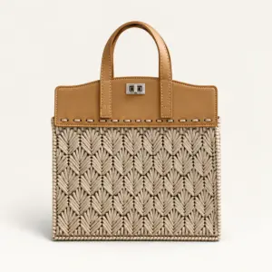 Beige Hand-Embroidered Tote Bag with Leather Handles, 28x29 cm