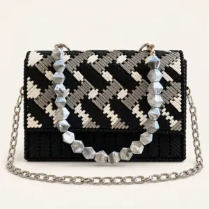 Black White and Gray Handbag with Matching Long Strap