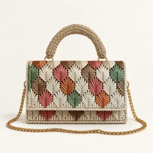Beige Multicolor Wheat-Stitch Handbag with Gold Chain Strap