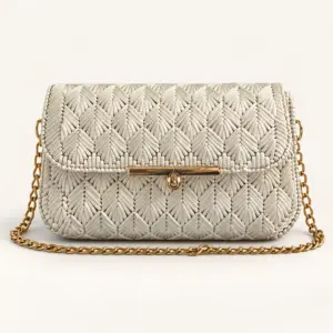 White Hand-Embroidered Clutch Bag with Gold Chain Strap