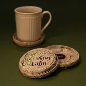 Stay Calm Leaf Recycled Paper Cup Cover & Coaster, 10x10 cm