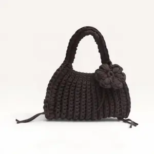 Black Crochet bag with Flower Charm – 30x33x13 cm – 36 cm Handle
