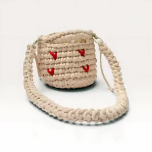 Cream Crochet Bag with Red Hearts – 15x12 cm – 60 cm Strap