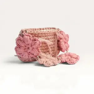 Pink Crochet Flower Handbag with 4-Flower Strap – 23x12 cm
