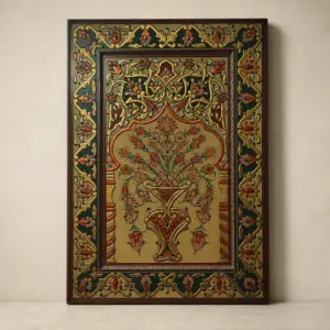 Floral Vase Arabesque Wooden Wall Art in Green & Gold – 104x74 cm