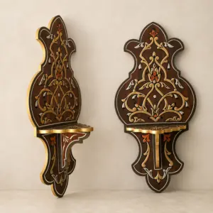 Pair of Hand-Painted Arabesque Wooden Wall Shelves – 60x30 cm