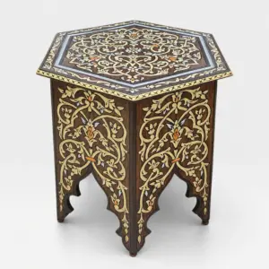 Dark Wood & Gold Hexagonal Arabesque Side Table – 45x45x45 cm