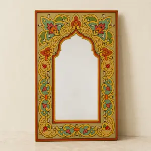 Arched Mihrab Arabesque Wall Mirror in Mustard & Sage – 70x45 cm