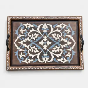 Dark Wood Arabesque Serving Tray in Ivory & Blue – 28x40 cm