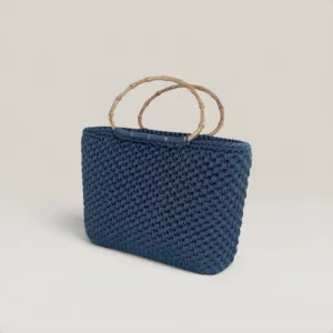 Large Navy Crochet Basket Bag with Bone Handle - Turkish Yarn