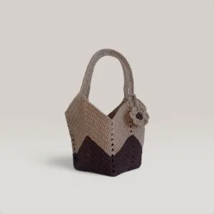 Large Beige & Brown Crochet Basket Bag with Decorative Flower