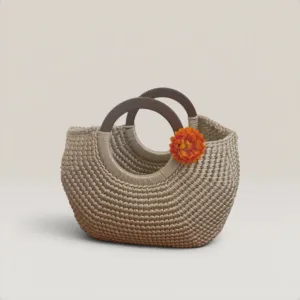 Medium Beige Crochet Basket Bag with Wooden Handle - Egyptian Yarn