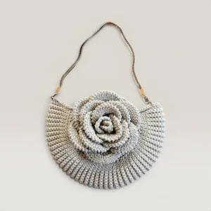 Silver Metallic Crochet Evening Bag with Chain Strap - 24 cm Diameter