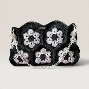 Crochet Shoulder Bag with Chain Strap & Magnetic Closure - 26x16 cm