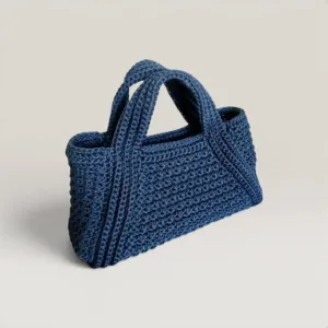 Blue Handmade Crochet Tote Bag with Zipper Closure - 34x18x10 cm