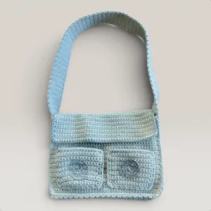 Pale Teal Crochet Shoulder Bag with Double Magnetic Closure - 27x20 cm