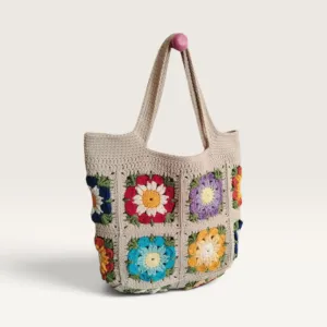 Spring Flower Handmade Crochet Tote Bag Zippered 30x21x10cm