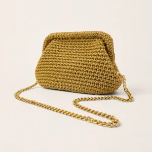 Handmade Gold Crochet Frame Handbag with Chain – 22x10x14 cm