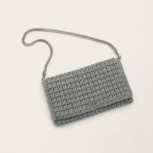 Handmade Silver Crochet Evening Clutch with Chain – 13x22 cm