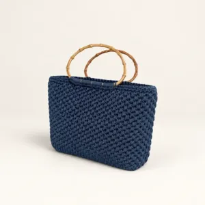 Large Navy Crochet Basket Bag with Bone Handle - 35x30x15 cm