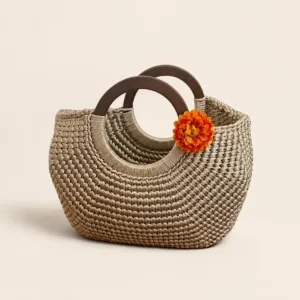 Medium Beige Crochet Basket Bag with Wooden Handle - 30x25x15 cm