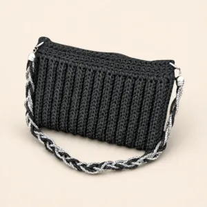Black Crochet Evening Clutch Bag with Inner Lining - 23x14 cm