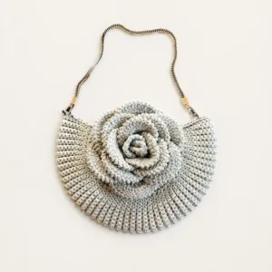 Silver Metallic Crochet Evening Bag with Chain Strap - Ø24 cm