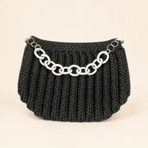 Black Crochet Evening Clutch Bag with Inner Lining - 20x15 cm