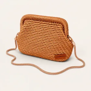 Gold Crochet Evening Bag with Metal Frame & Chain - 26x16x8 cm