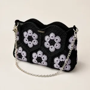 Crochet Shoulder Bag with Chain Strap & Magnetic Closure - 26x16x8 cm