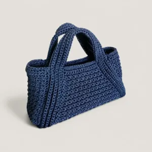 Blue Handmade Crochet Tote Bag with Zipper Closure - 34x18x10 cm