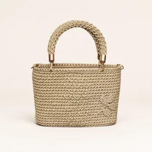 Beige Turkish Yarn Crochet Handbag Patterned 30x21x10cm
