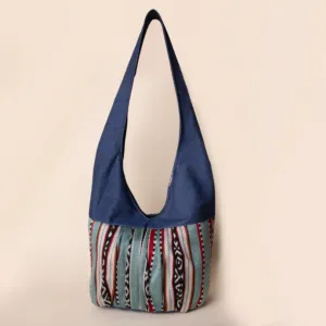 Indigo Denim Shoulder Hand Bag with Bedouin Textile - 35x30x10 cm