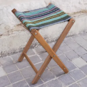 Portable Foldable Bedouin Stool Teal Oasis Wood Fabric - 35x45x8 cm