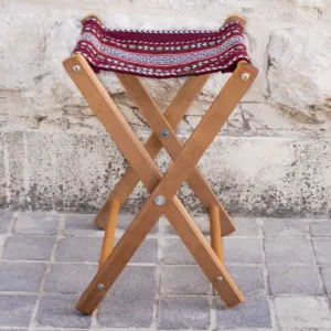 Portable Foldable Bedouin Stool Maroon Boho Wood Fabric - 35x45x8 cm