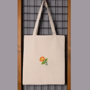 Orange Flower Embroidered Linen Tote Bag Handmade DMC - 38x35x6 cm