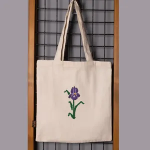 Purple Iris Embroidered Linen Tote Bag Handmade DMC - 38x35x6 cm