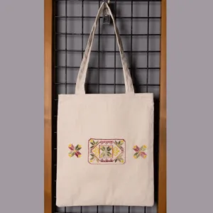 Floral Linen Tote Bag Embroidered DMC Shoulder Bag - 38x35x6 cm