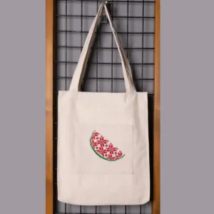 Watermelon Tote Bag Cotton Linen Embroidered DMC Shoulder - 38x35x6 cm