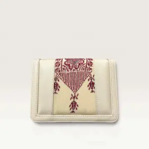 Beige Square Crossbody Bag with crimson tassel and diamond embroidery, 20 x 14 cm