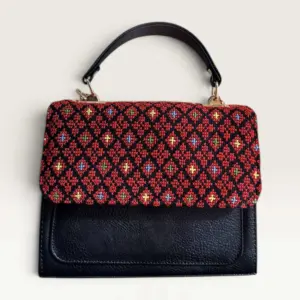Black Square Crossbody Bag with full multicolor geometric embroidery, 20 x 14 cm