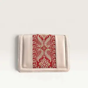 Blush Beige Square Crossbody Bag with red symmetrical floral embroidery, 20 x 14 cm
